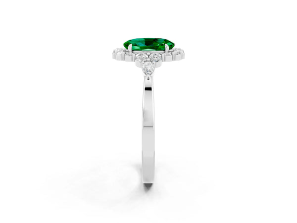 White gold Oval Cut Emerald Halo Ring with Pear Side Stones and Prong Setting