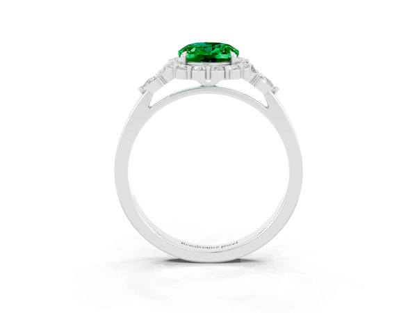 White gold Oval Cut Emerald Halo Ring with Pear Side Stones and Prong Setting
