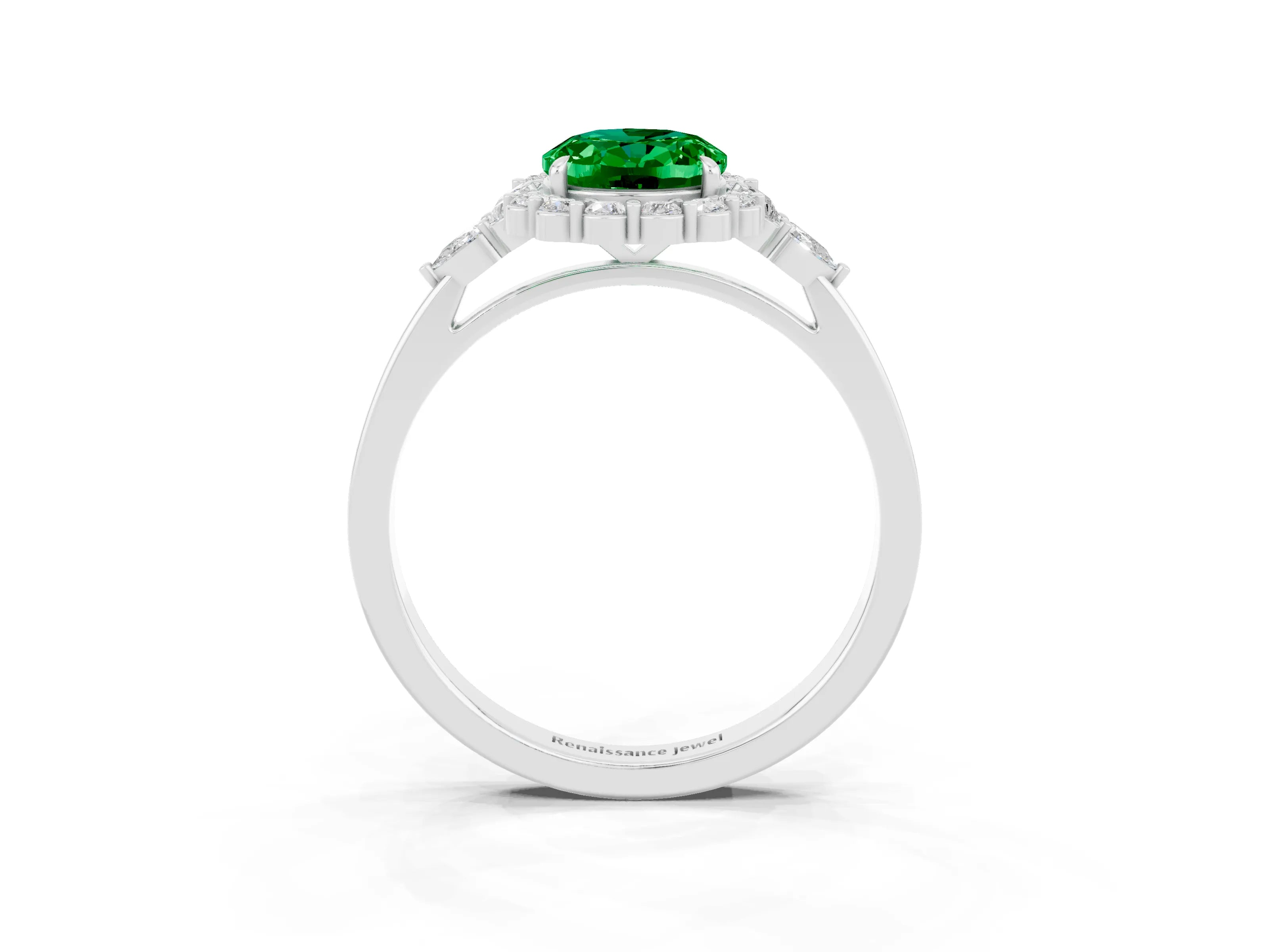 White gold Oval Cut Emerald Halo Ring with Pear Side Stones and Prong Setting_27