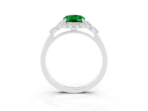 White gold Oval Cut Emerald Halo Ring with Pear Side Stones and Prong Setting_27