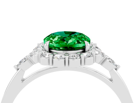 White gold Oval Cut Emerald Halo Ring with Pear Side Stones and Prong Setting_28