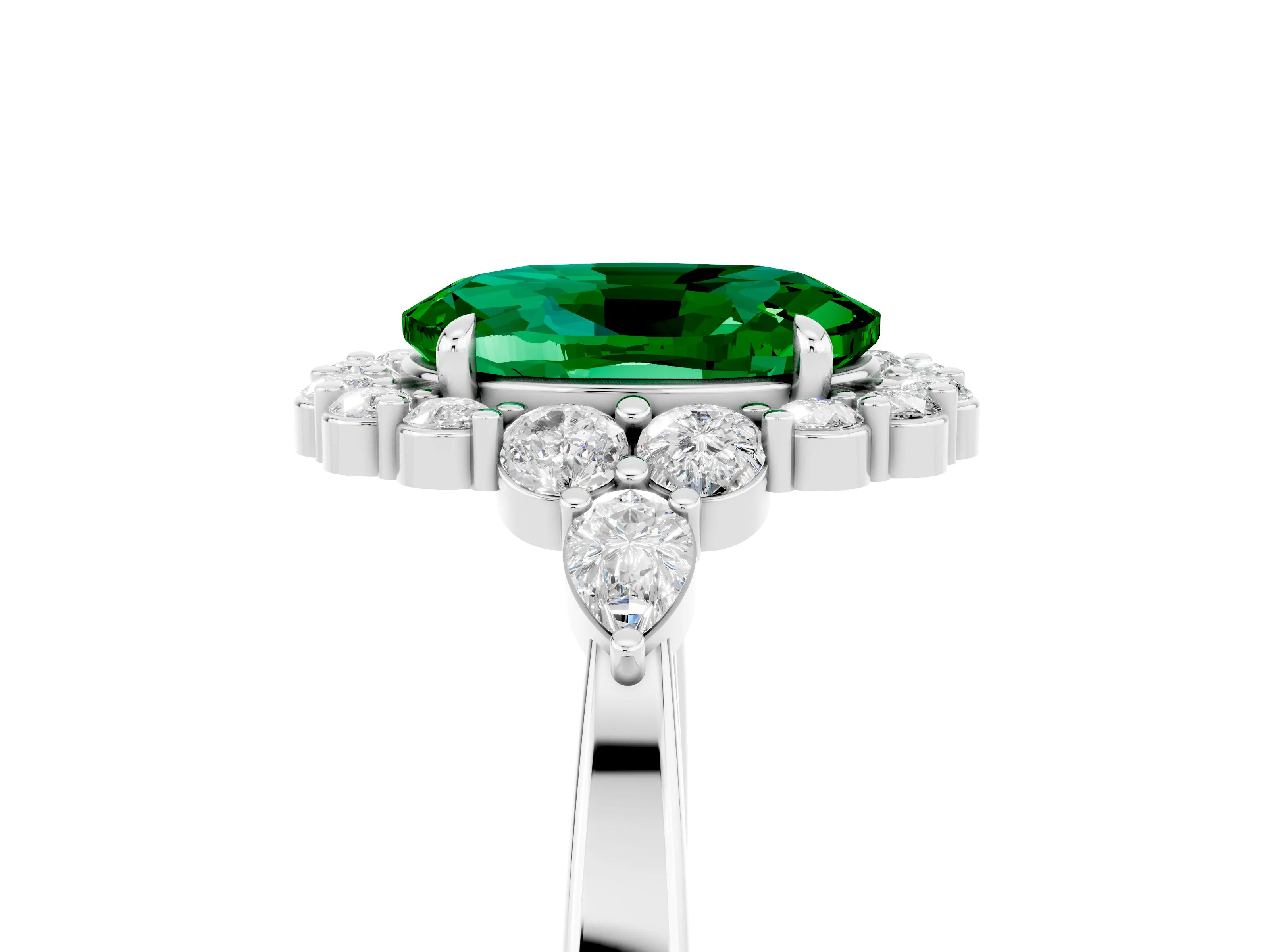 White gold Oval Cut Emerald Halo Ring with Pear Side Stones and Prong Setting_29