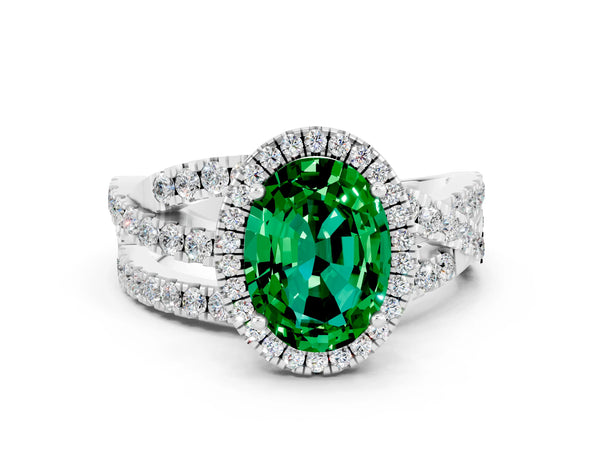 Platinum Oval Cut Emerald Halo Ring with Round Split Shank and Prong Setting