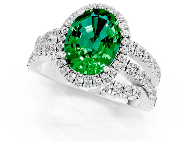 Platinum Oval Cut Emerald Halo Ring with Round Split Shank and Prong Setting