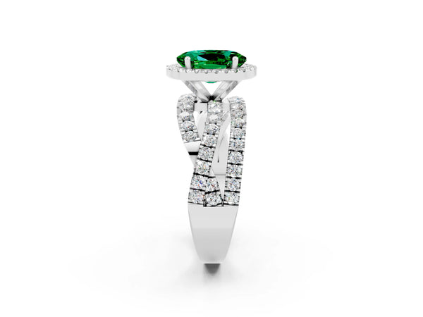 Platinum Oval Cut Emerald Halo Ring with Round Split Shank and Prong Setting