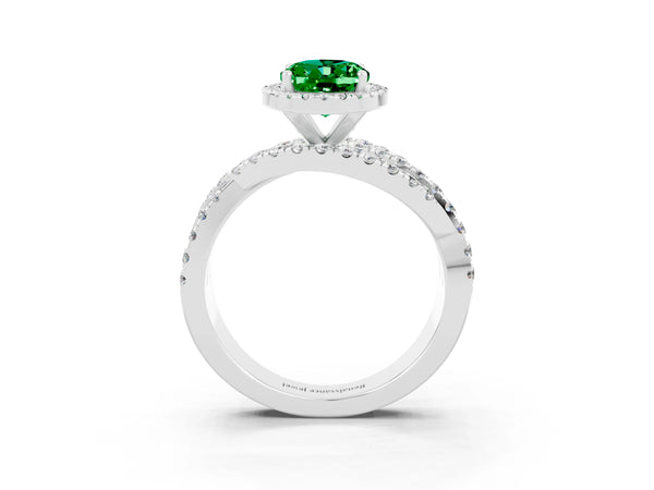 Platinum Oval Cut Emerald Halo Ring with Round Split Shank and Prong Setting