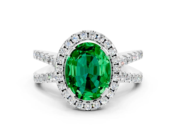 Platinum Oval Cut Emerald Halo Ring with Split Shank Pavé Band and Prong Setting