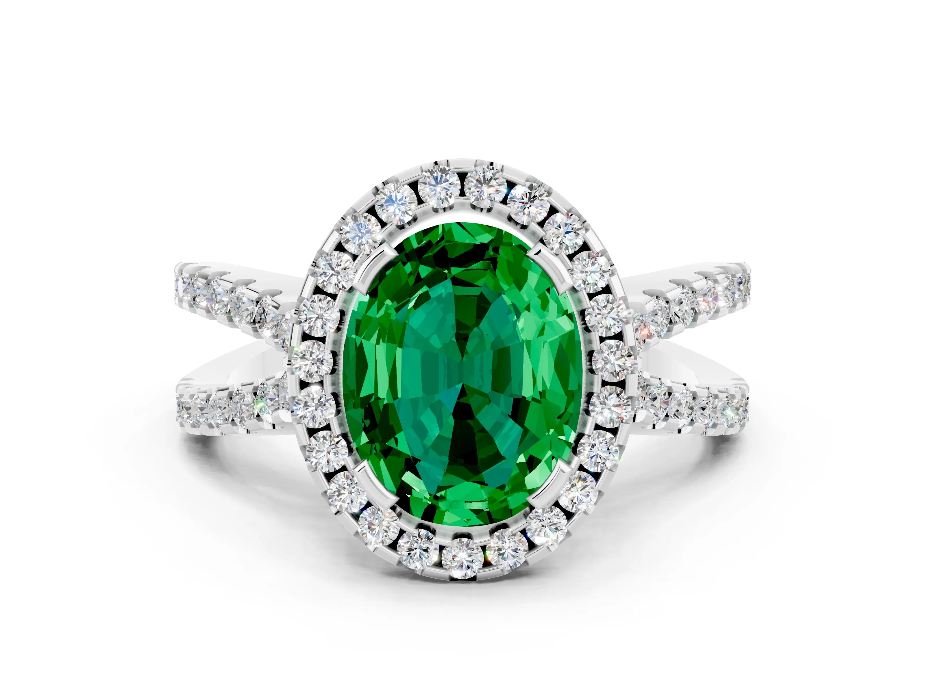 White gold Oval Cut Emerald Halo Ring with Split Shank Pavé Band and Prong Setting