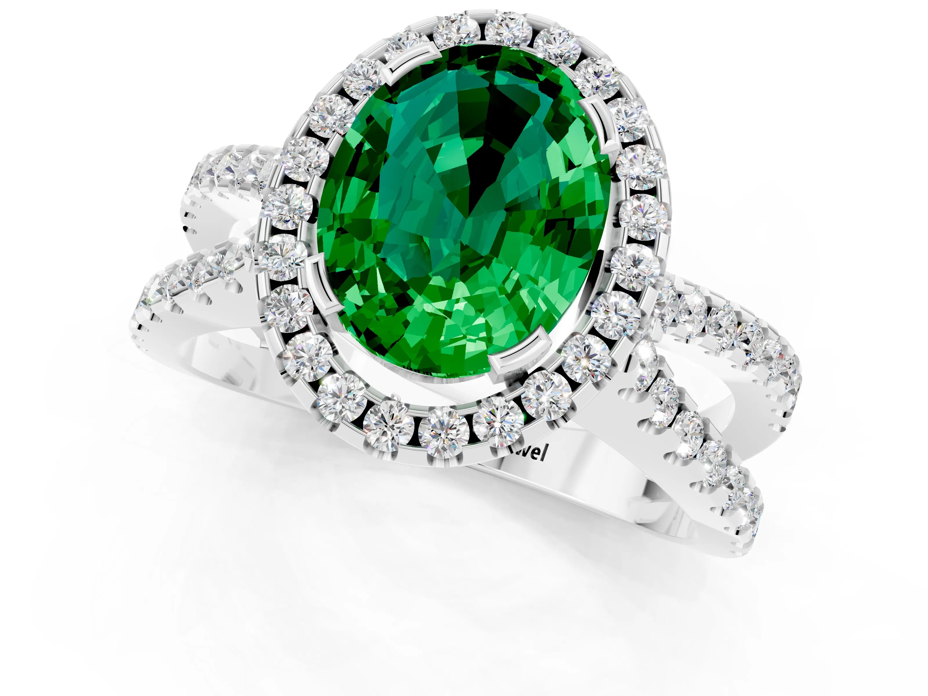 White gold Oval Cut Emerald Halo Ring with Split Shank Pavé Band and Prong Setting_1