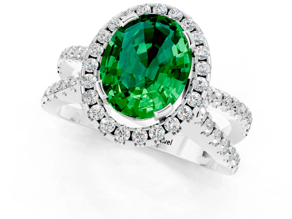 Silver Oval Cut Emerald Halo Ring with Split Shank Pavé Band and Prong Setting