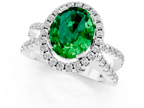 White gold Oval Cut Emerald Halo Ring with Split Shank Pavé Band and Prong Setting_1