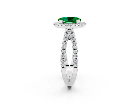 White gold Oval Cut Emerald Halo Ring with Split Shank Pavé Band and Prong Setting_2