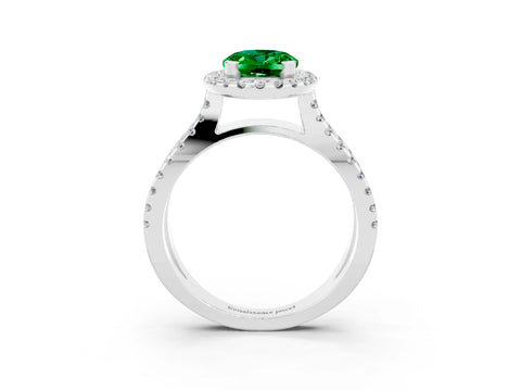 White gold Oval Cut Emerald Halo Ring with Split Shank Pavé Band and Prong Setting_3