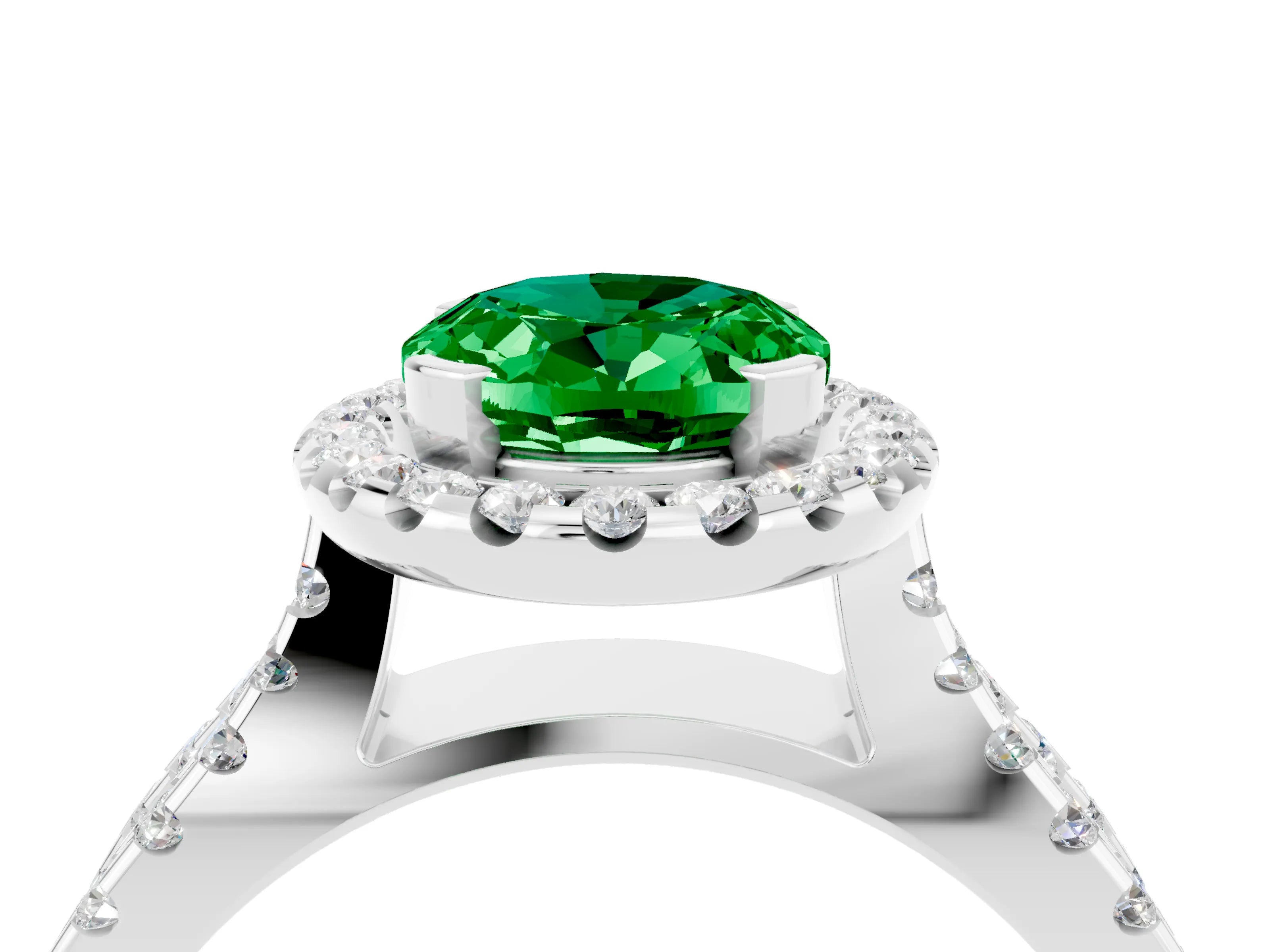 White gold Oval Cut Emerald Halo Ring with Split Shank Pavé Band and Prong Setting_4