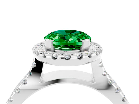White gold Oval Cut Emerald Halo Ring with Split Shank Pavé Band and Prong Setting_4