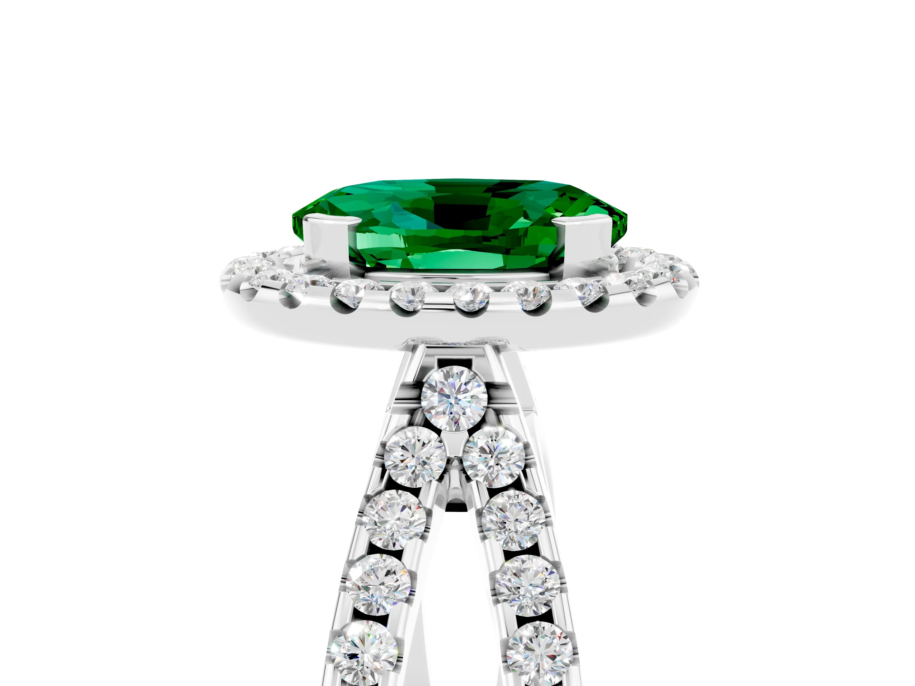 White gold Oval Cut Emerald Halo Ring with Split Shank Pavé Band and Prong Setting_5
