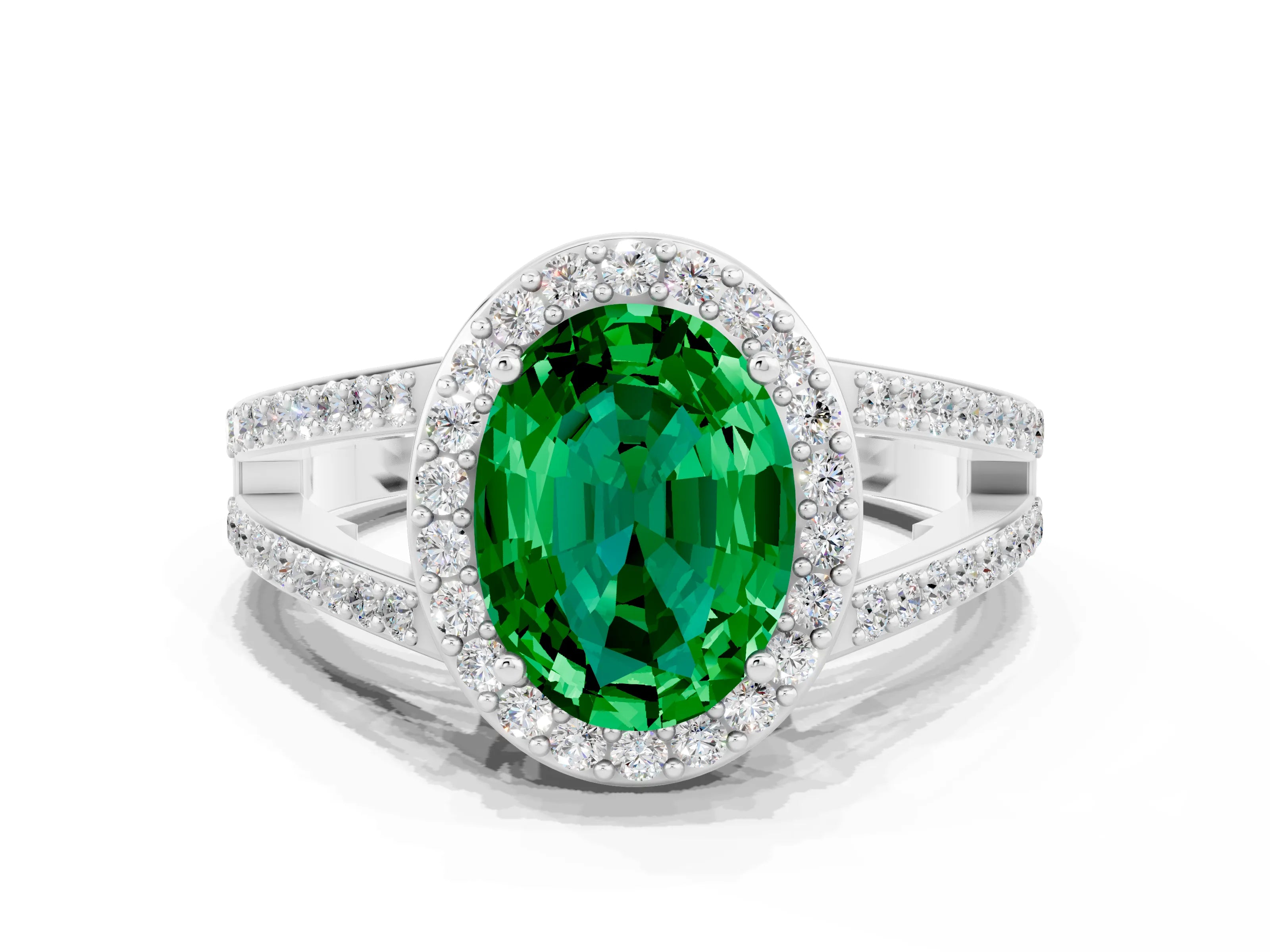 White gold Oval Cut Emerald Halo Ring with Split Shank U-Prong Band and Four-Prong Setting
