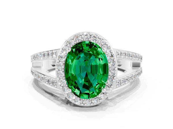 Platinum Oval Cut Emerald Halo Ring with Split Shank U-Prong Band and Four-Prong Setting