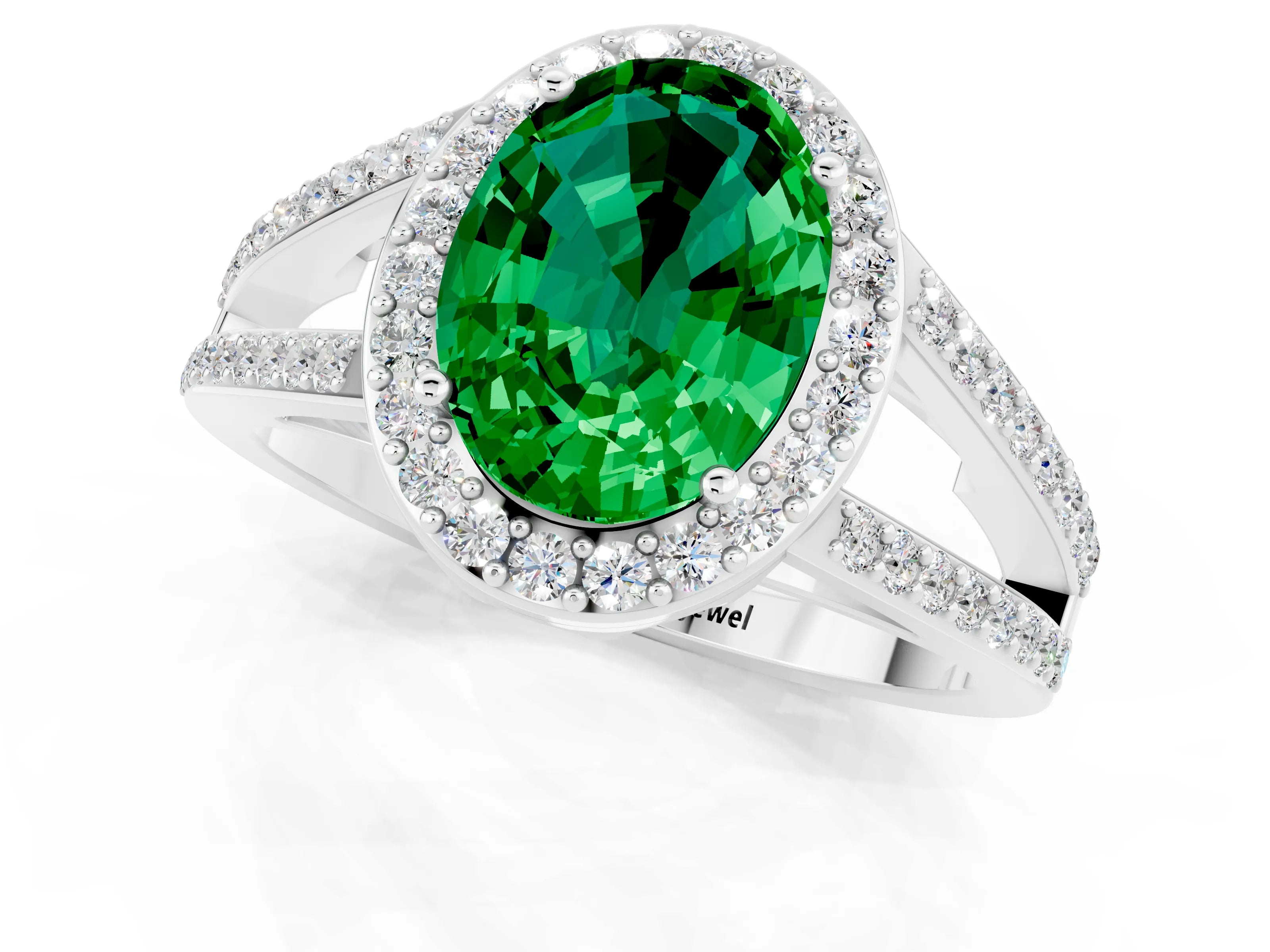White gold Oval Cut Emerald Halo Ring with Split Shank U-Prong Band and Four-Prong Setting_1