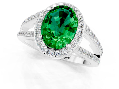 White gold Oval Cut Emerald Halo Ring with Split Shank U-Prong Band and Four-Prong Setting_1