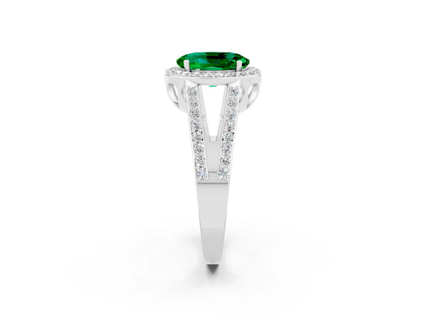 Platinum Oval Cut Emerald Halo Ring with Split Shank U-Prong Band and Four-Prong Setting