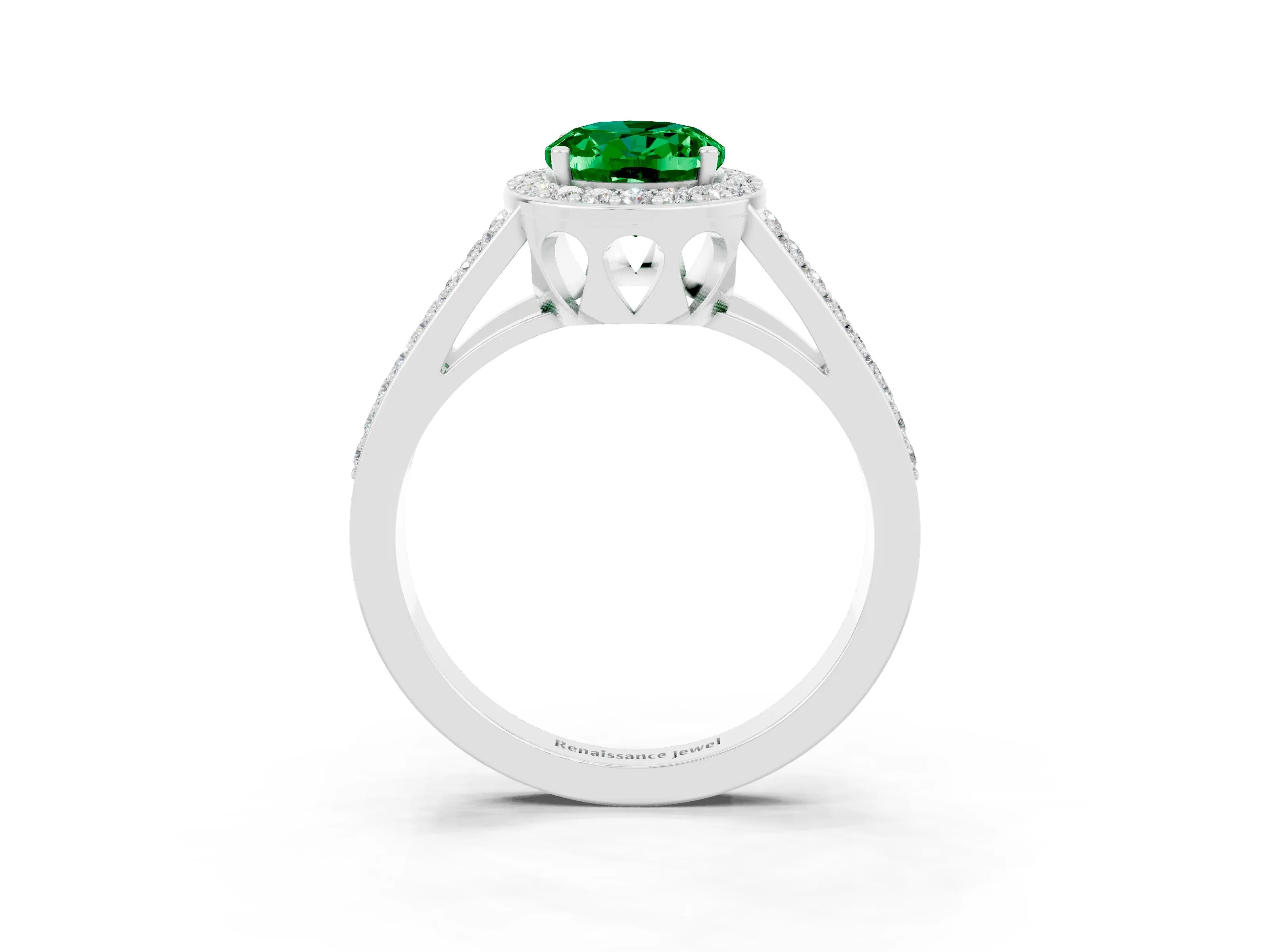 White gold Oval Cut Emerald Halo Ring with Split Shank U-Prong Band and Four-Prong Setting_3