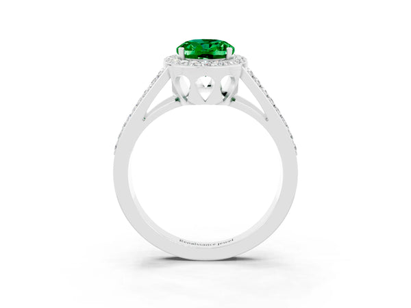 White gold Oval Cut Emerald Halo Ring with Split Shank U-Prong Band and Four-Prong Setting