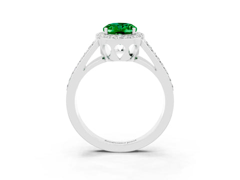 White gold Oval Cut Emerald Halo Ring with Split Shank U-Prong Band and Four-Prong Setting_3