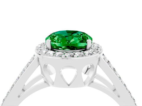 White gold Oval Cut Emerald Halo Ring with Split Shank U-Prong Band and Four-Prong Setting_4