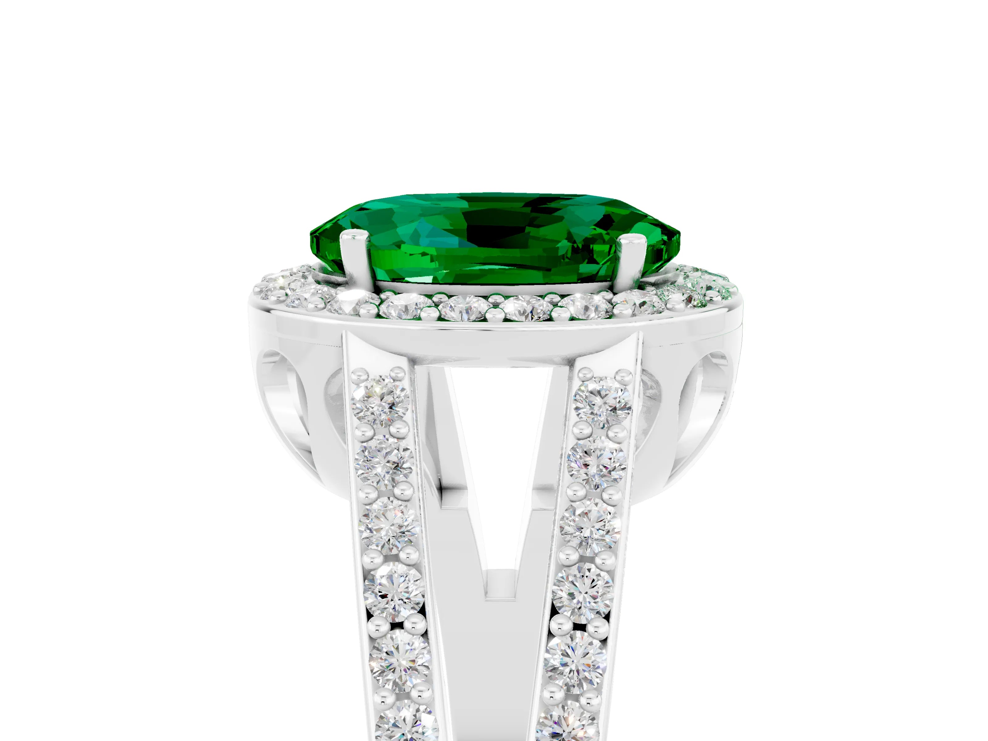 White gold Oval Cut Emerald Halo Ring with Split Shank U-Prong Band and Four-Prong Setting_5