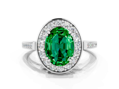 White gold Oval Cut Emerald Halo Ring with Split Shank and Four-Prong Setting