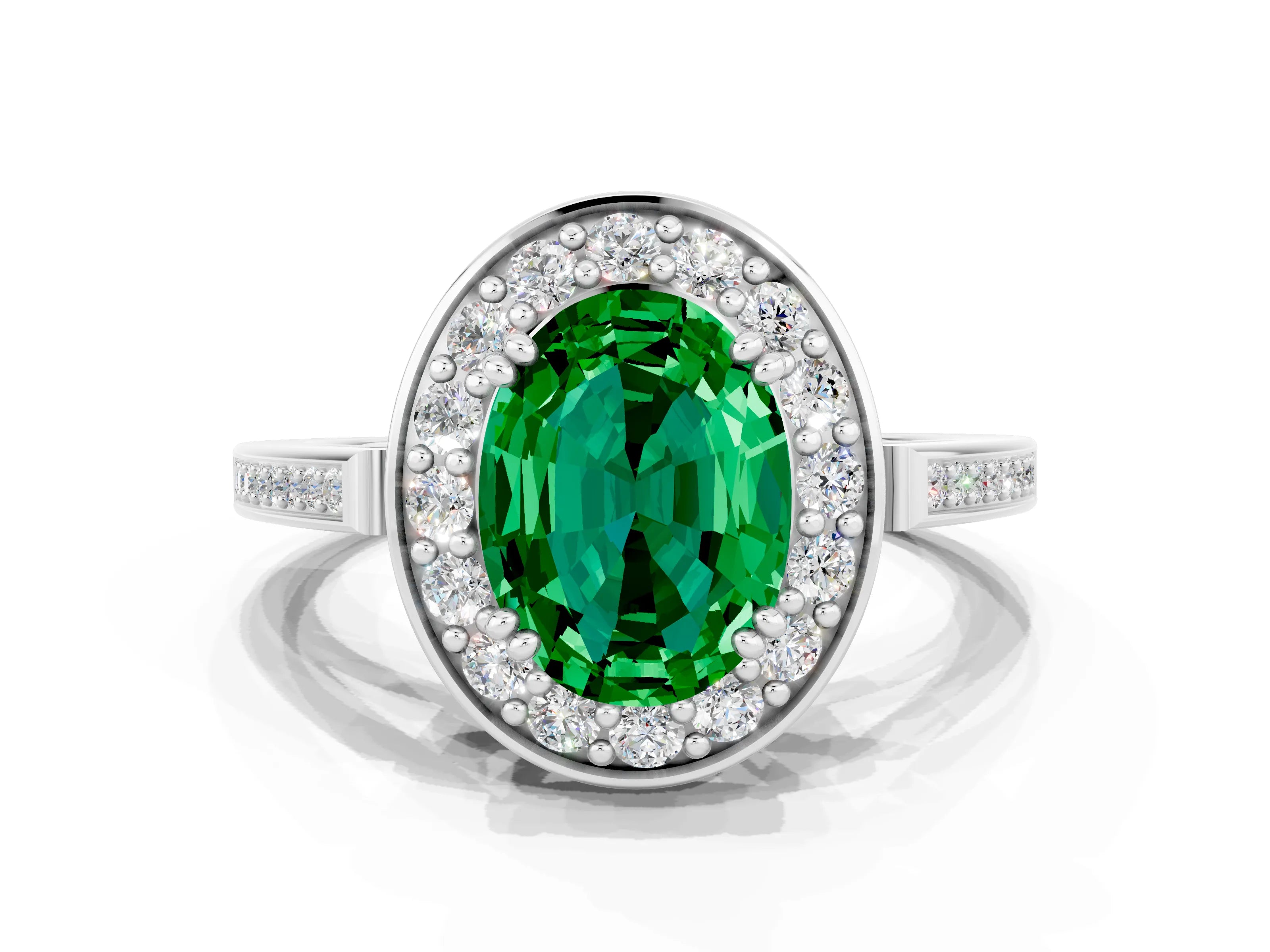 White gold Oval Cut Emerald Halo Ring with Split Shank and Four-Prong Setting_12