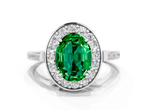 White gold Oval Cut Emerald Halo Ring with Split Shank and Four-Prong Setting