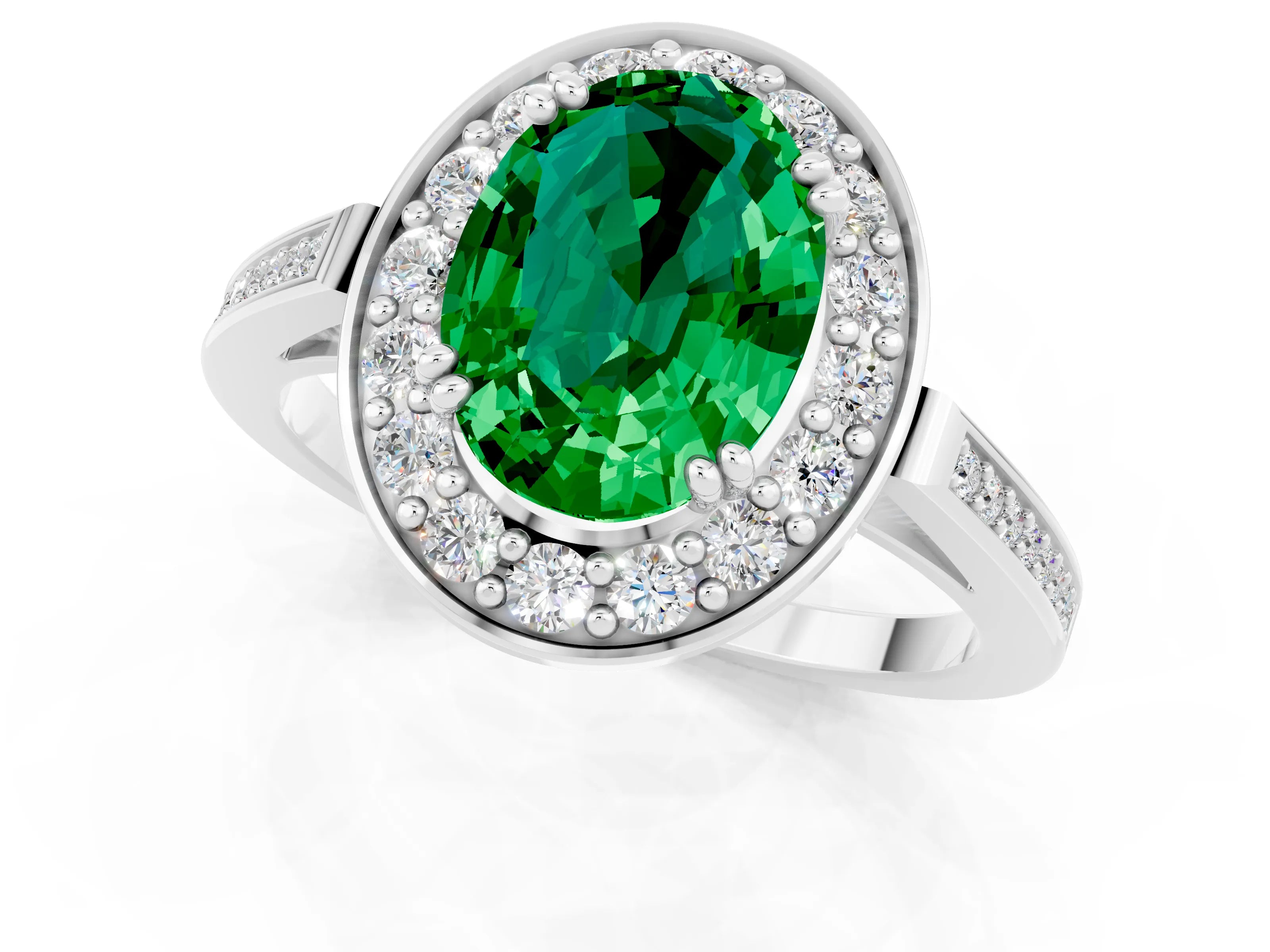 White gold Oval Cut Emerald Halo Ring with Split Shank and Four-Prong Setting_13