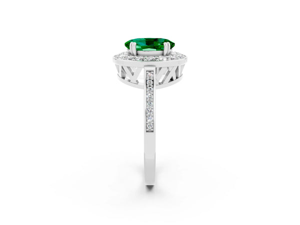 Platinum Oval Cut Emerald Halo Ring with Split Shank and Four-Prong Setting