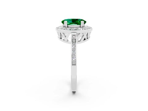 White gold Oval Cut Emerald Halo Ring with Split Shank and Four-Prong Setting_2