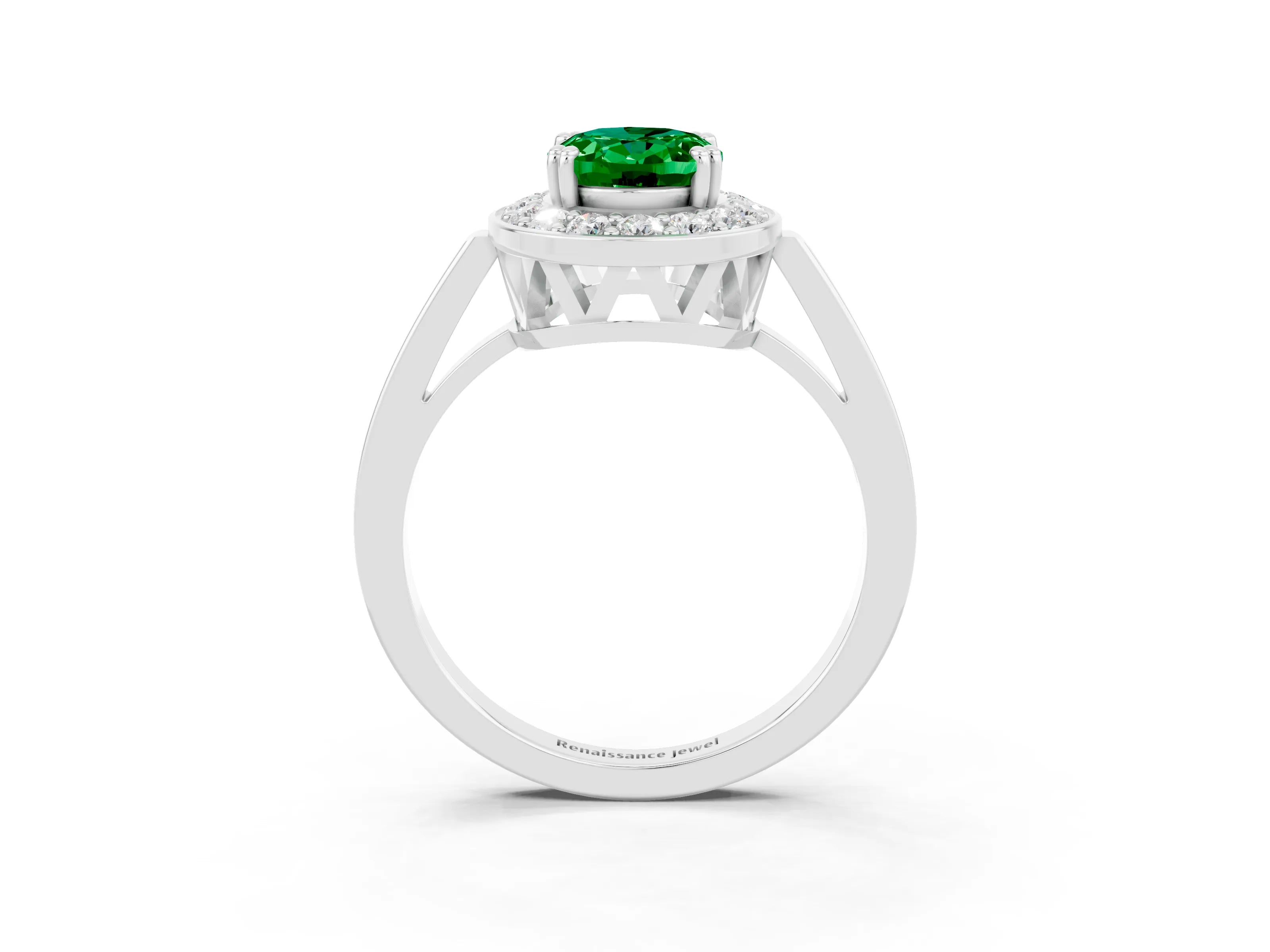 White gold Oval Cut Emerald Halo Ring with Split Shank and Four-Prong Setting_3