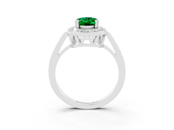 Platinum Oval Cut Emerald Halo Ring with Split Shank and Four-Prong Setting