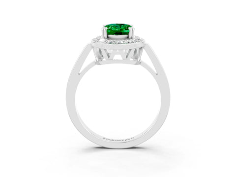 White gold Oval Cut Emerald Halo Ring with Split Shank and Four-Prong Setting_3