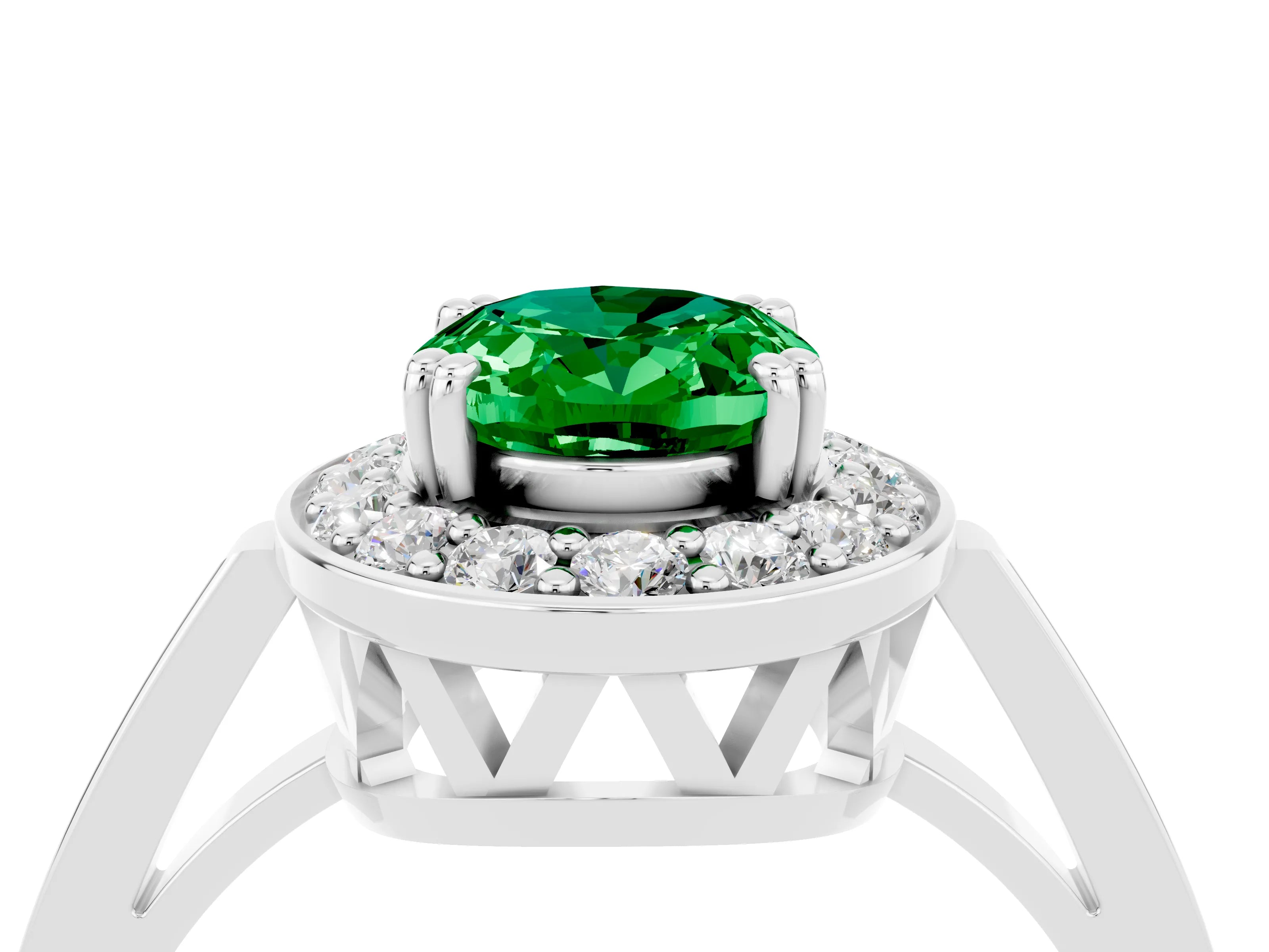 White gold Oval Cut Emerald Halo Ring with Split Shank and Four-Prong Setting_4
