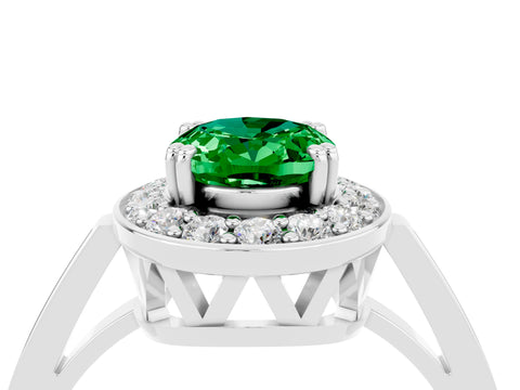 White gold Oval Cut Emerald Halo Ring with Split Shank and Four-Prong Setting_4