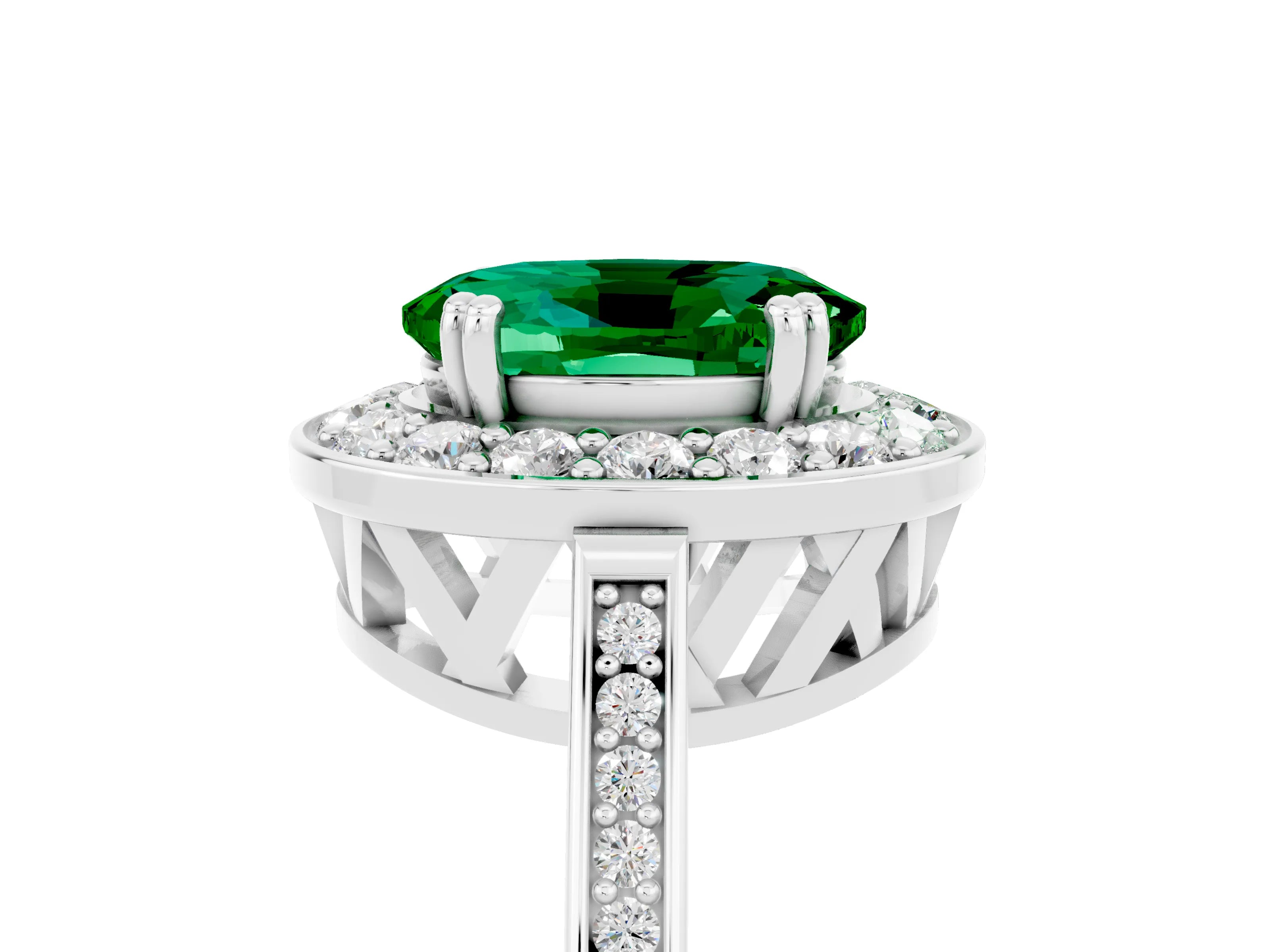 White gold Oval Cut Emerald Halo Ring with Split Shank and Four-Prong Setting_5