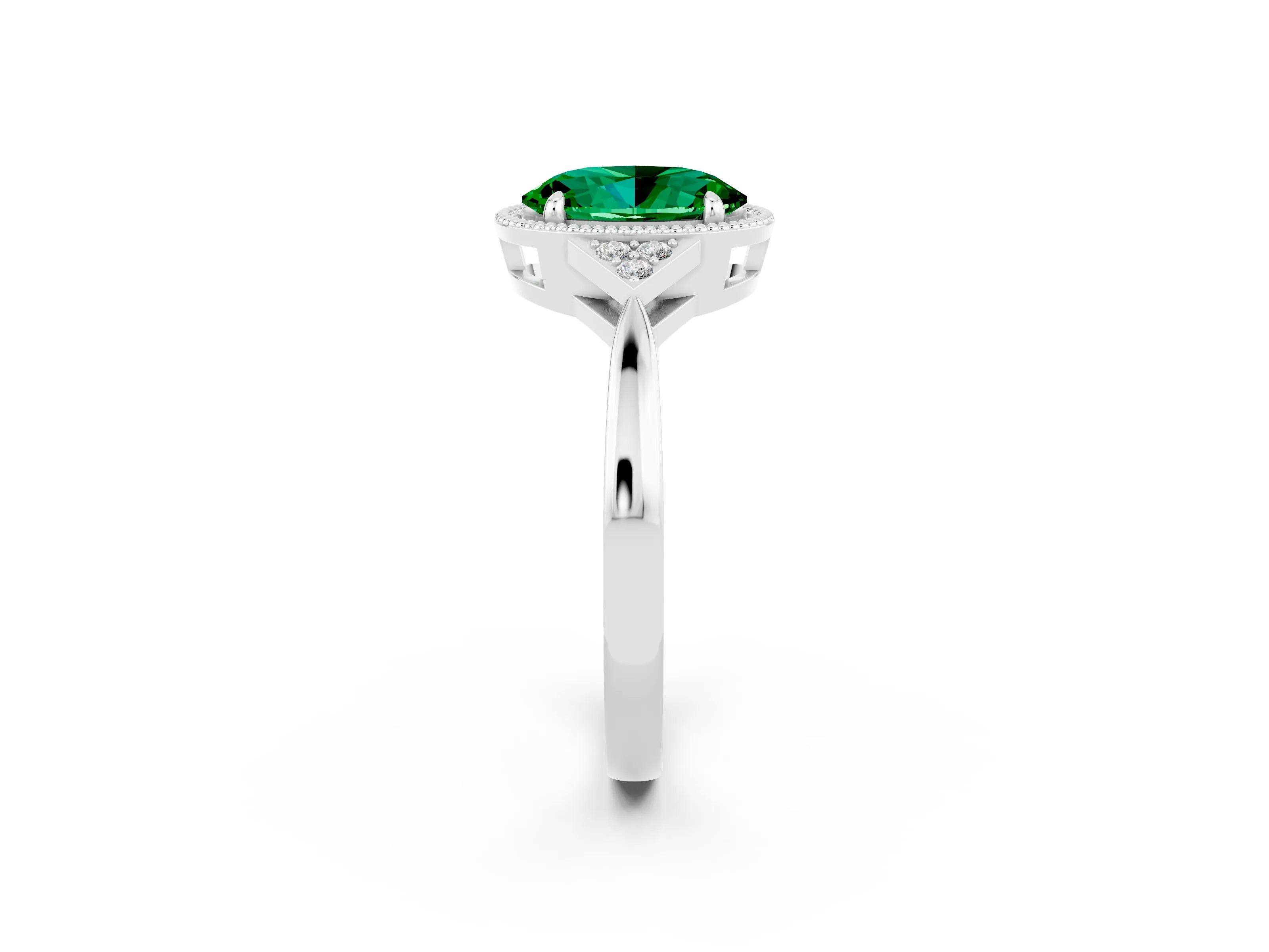 White gold Oval Cut Emerald Halo Ring with Tapered Band and Four-Prong Setting_2