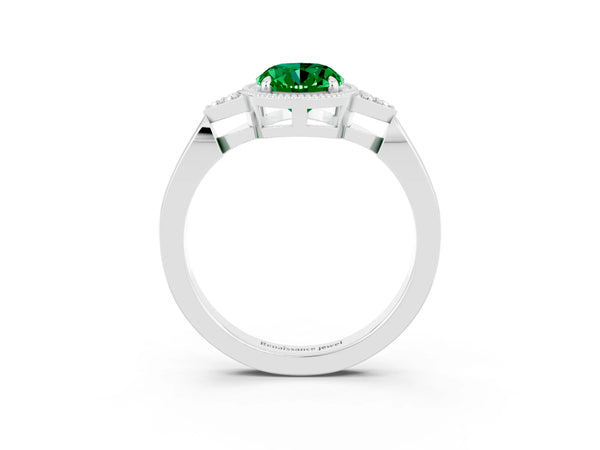 Silver Oval Cut Emerald Halo Ring with Tapered Band and Four-Prong Setting