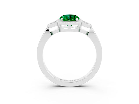 White gold Oval Cut Emerald Halo Ring with Tapered Band and Four-Prong Setting_3