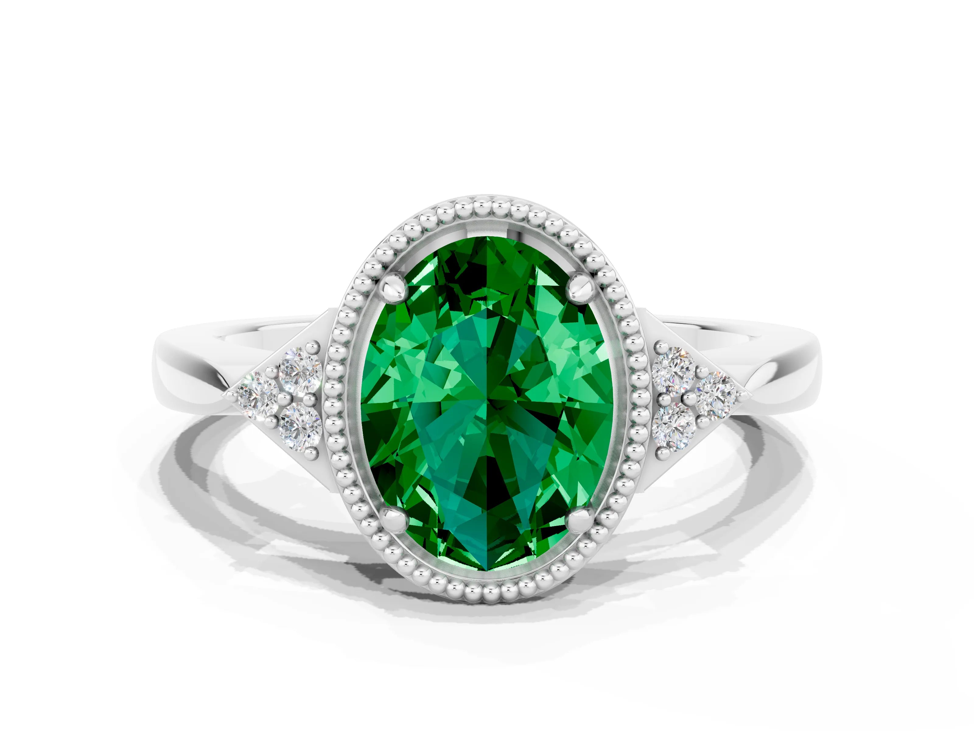 White gold Oval Cut Emerald Halo Ring with Tapered Band and Four-Prong Setting