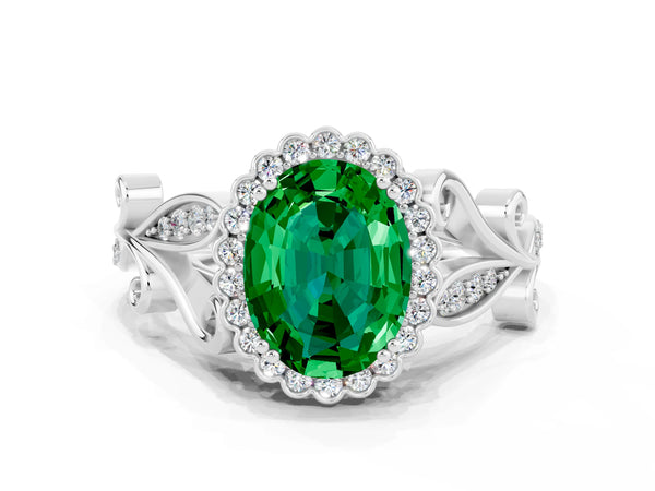 White gold Oval Cut Emerald Halo Ring with Vintage Split Shank and Four-Prong Setting
