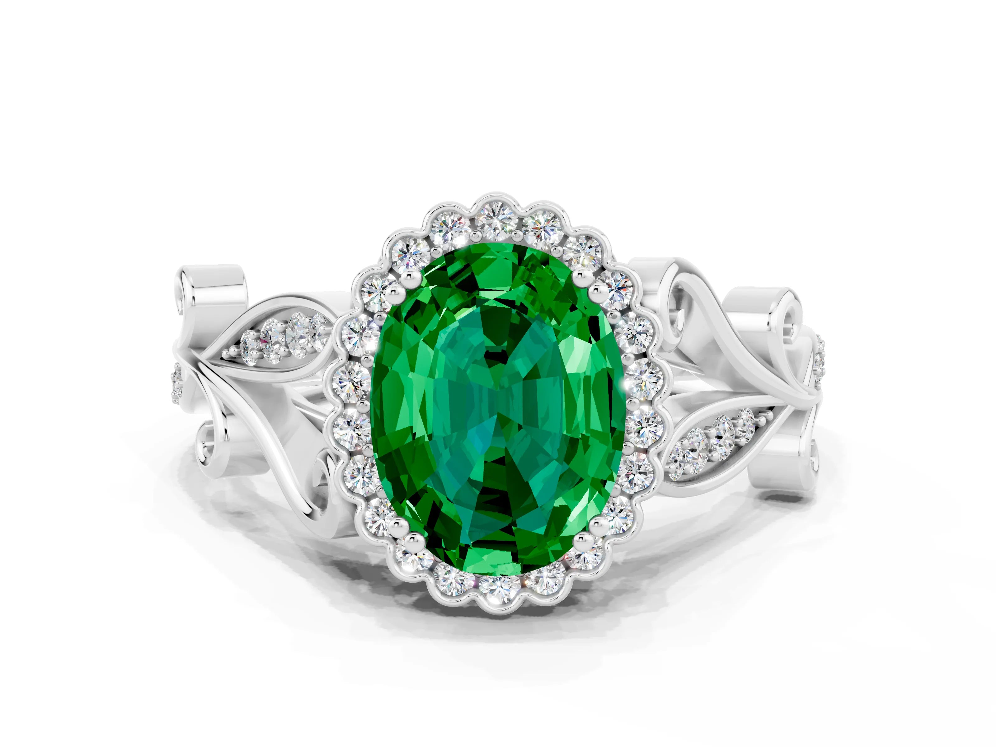 White gold Oval Cut Emerald Halo Ring with Vintage Split Shank and Four-Prong Setting_24