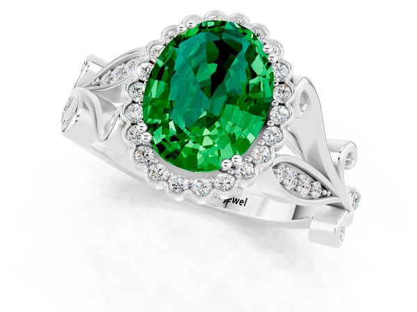 White gold Oval Cut Emerald Halo Ring with Vintage Split Shank and Four-Prong Setting