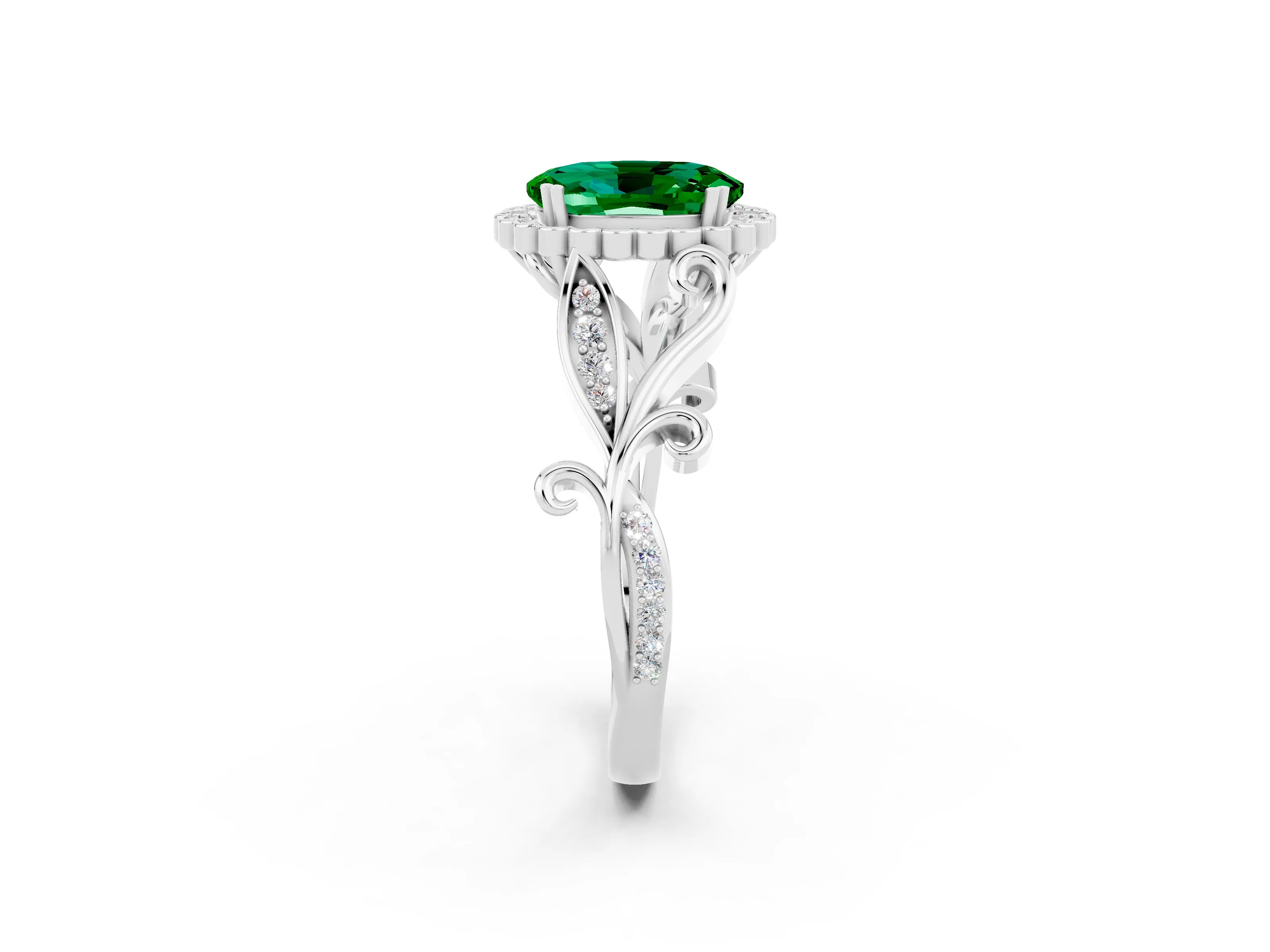 White gold Oval Cut Emerald Halo Ring with Vintage Split Shank and Four-Prong Setting_26